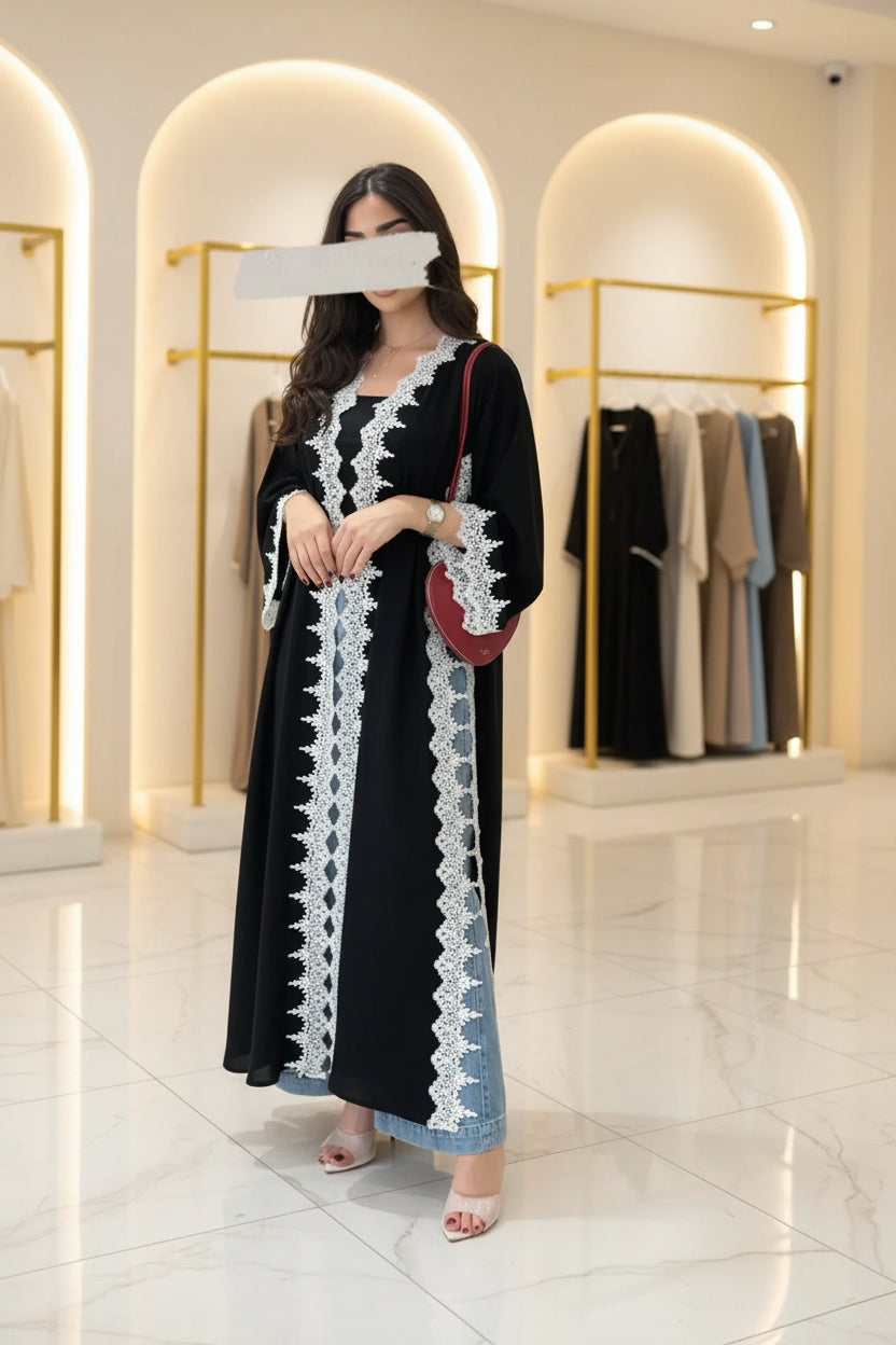 Black Scallop-Trim Open Abaya Style 02 for Everyday Wear, product view 1 1